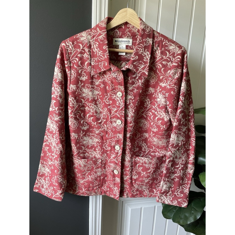 Vtg Appleseeds Chore Jacket Size 12 Red Floral Cotton Shacket Cottagecore Blazer